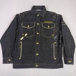 VTG COOGI LUXE Black Denim Jacket Mens XL Gold Dragon Leather Trim Y2K